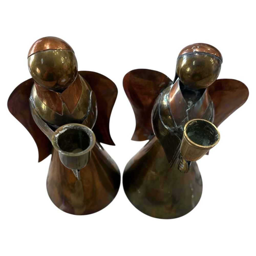 9" Pair Vintage Brass & Copper Angel Candleholders MCM Art Deco Christmas - Picture 5 of 11
